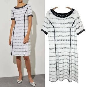 Ming Wang Striped Knit Dress White Black Fringe Trim Jewel Neck size Large